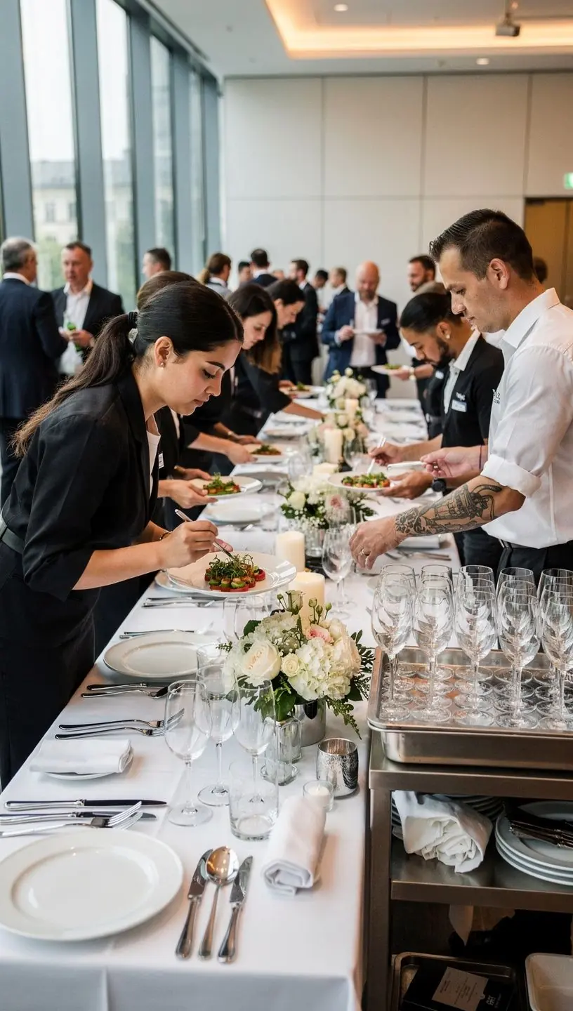 Ein Team von Catering-Mitarbeitern, die gemeinsam ein festliches Buffet anrichten.