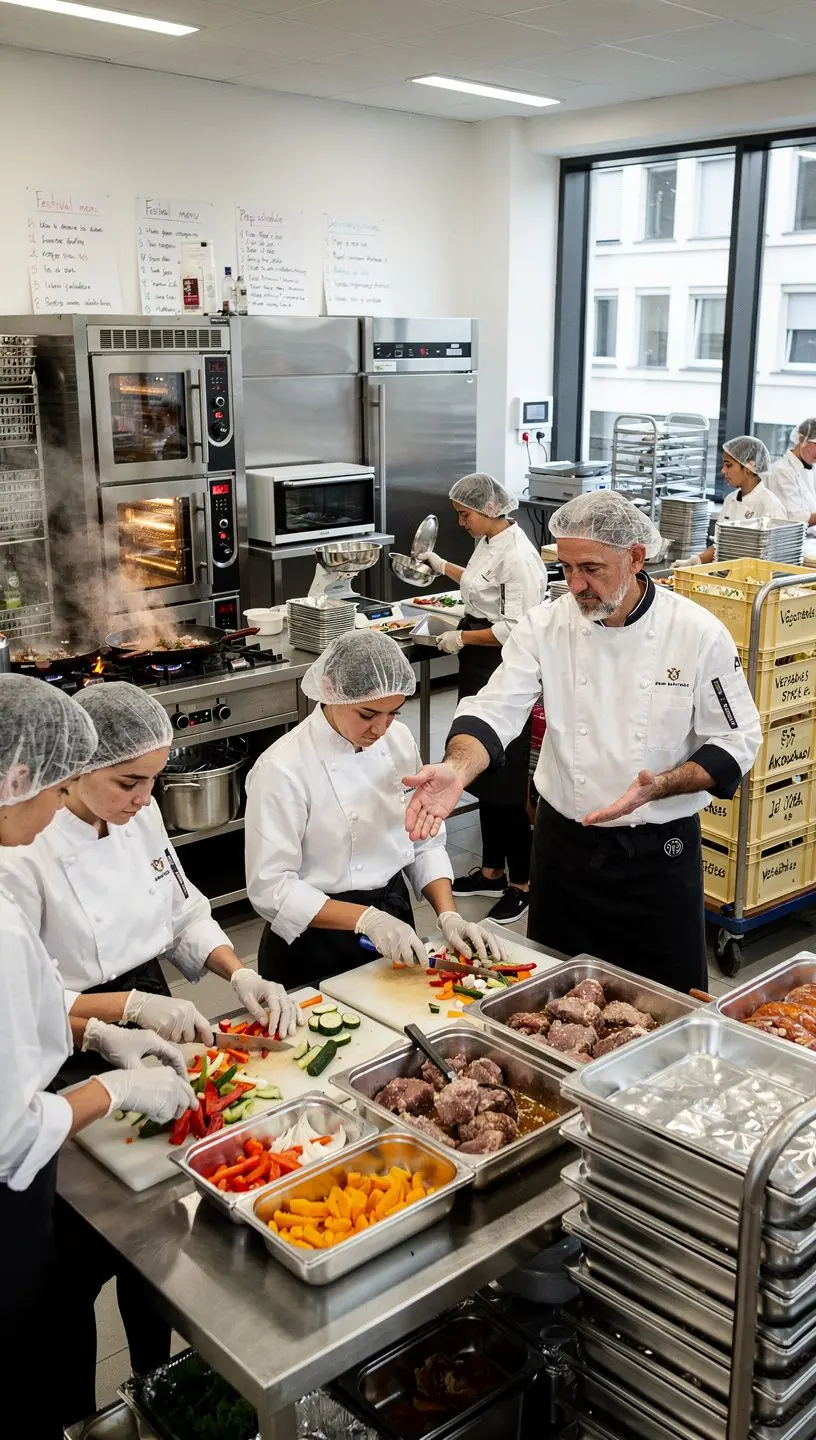 Ein Team von Catering-Mitarbeitern, das ein Buffet für eine Hochzeit anrichtet.