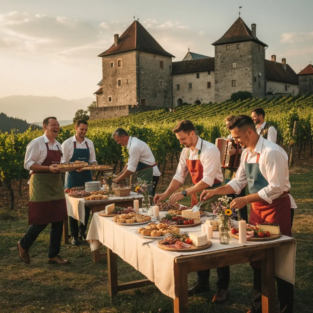 Eine Auswahl an appetitlichen Speisen auf einem elegant gedeckten Tisch für eine Veranstaltung.