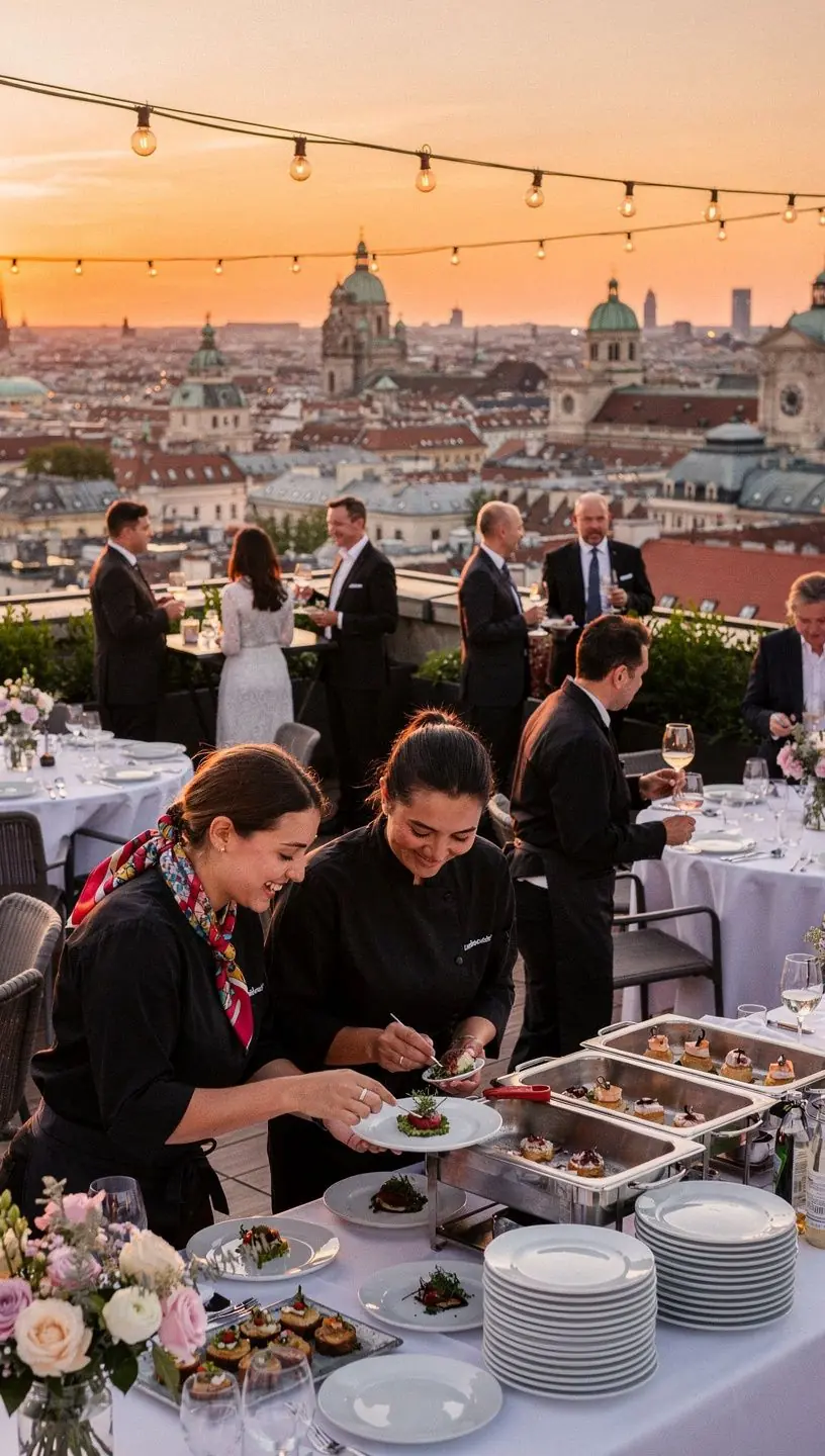 Ein Team von Catering-Mitarbeitern, die Speisen für eine große Feier anrichten.