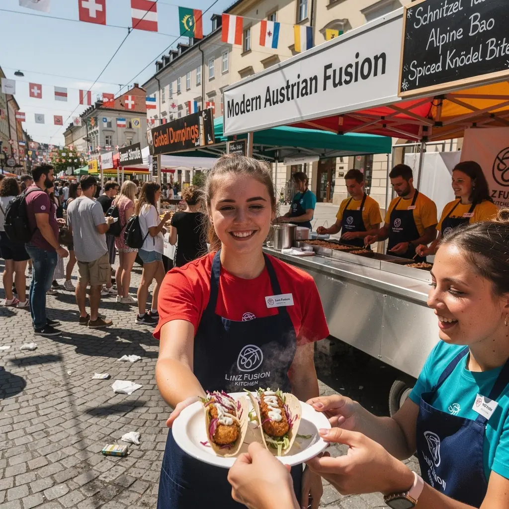 Ein großer Tisch mit verschiedenen Gerichten, die für ein Firmenevent präsentiert werden.