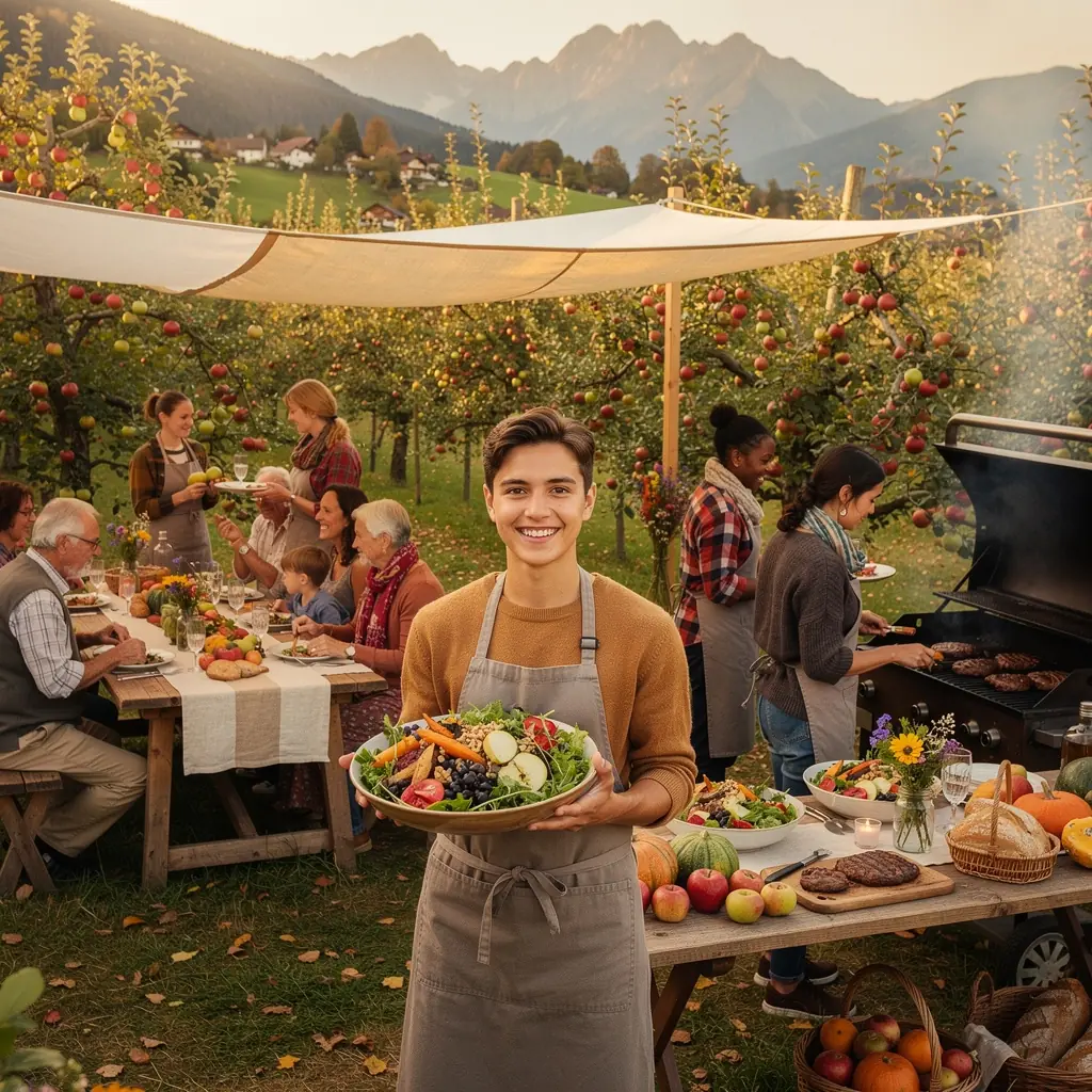 Ein festlich gedeckter Tisch mit verschiedenen Gerichten fГјr eine groГџe Veranstaltung.