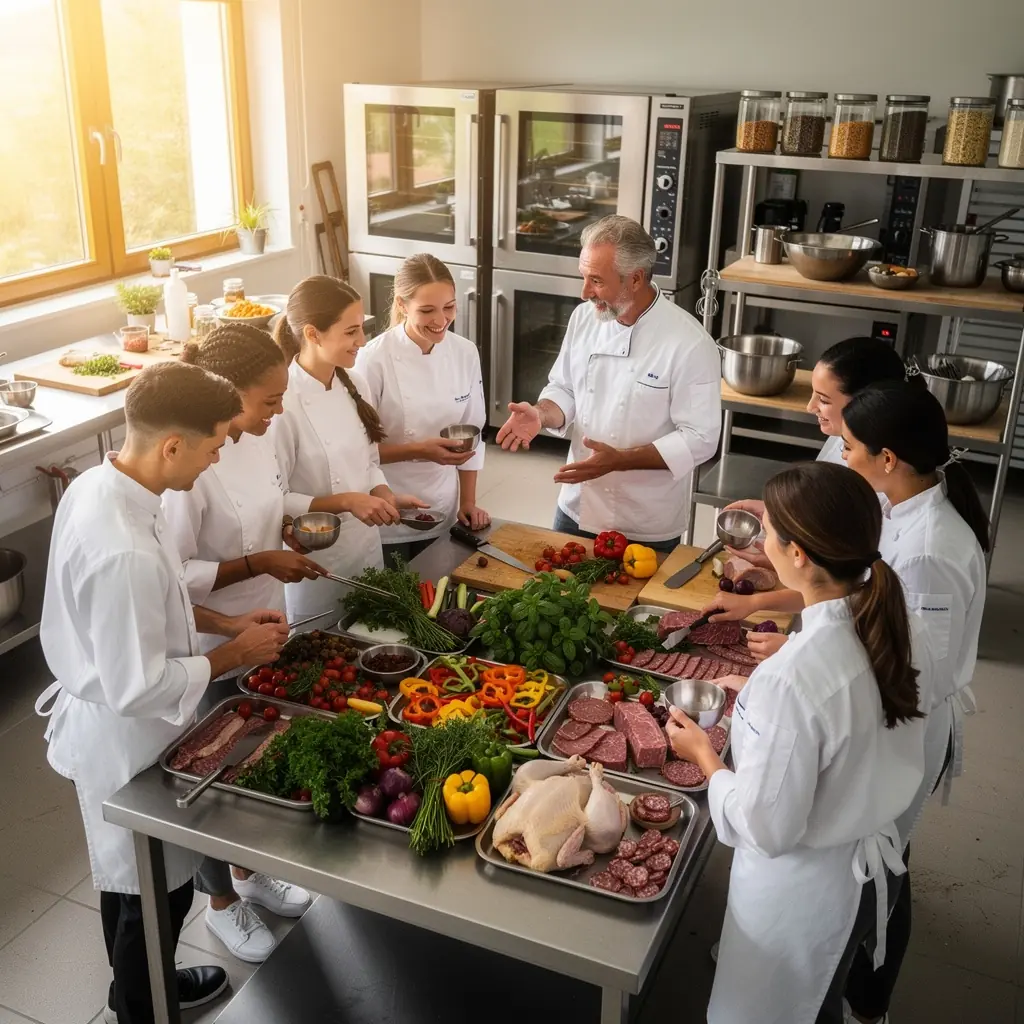 Ein Team von KГ¶chen bereitet Speisen in einer groГџen KГјche fГјr ein Event vor.